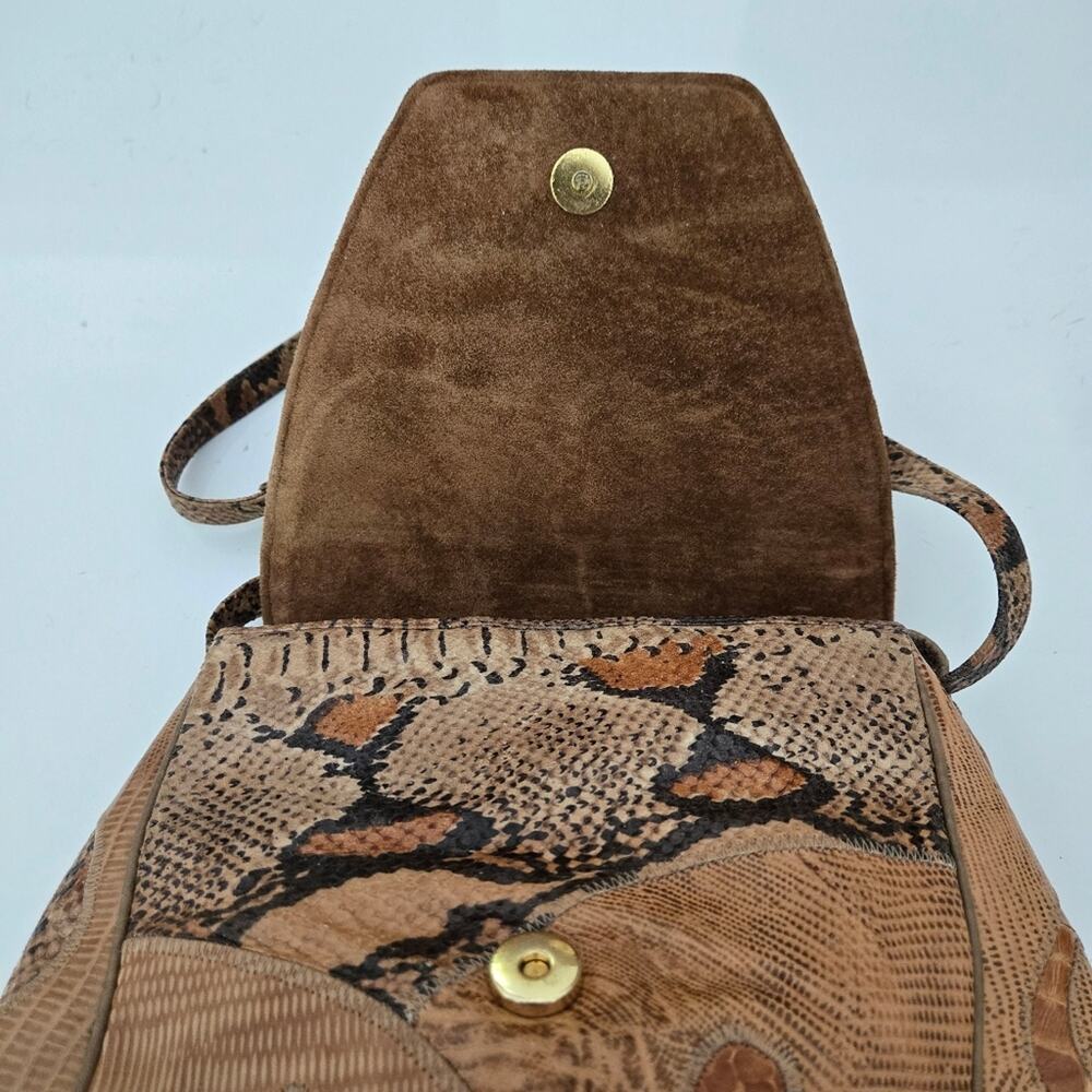Vintage Sharif Patchwork Leather Crossbody Bag Boho Maximalist Reptile Embossed - Picture 3 of 13